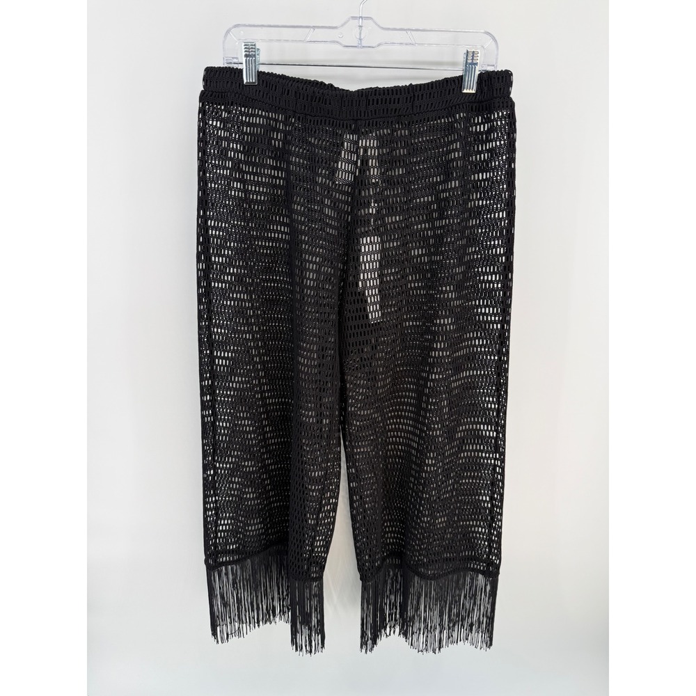 La Blanca Black Crochet Fringe Hem Swim Cover Up Pants LB5SD30-BLK Womens Medium